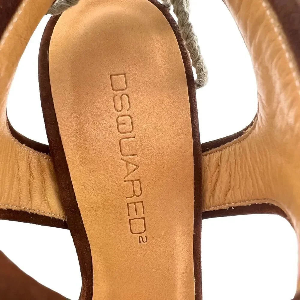 New DSQUARED2 Women US 8 Shoes Brown Leather Sandals Back Laced Platform Wedge